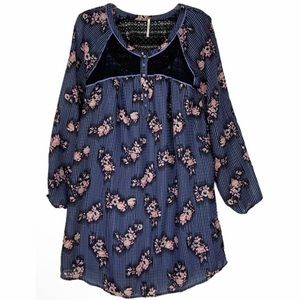 Free People Navy Floral Striped Lace Detail Sheath Dress Mini Dress